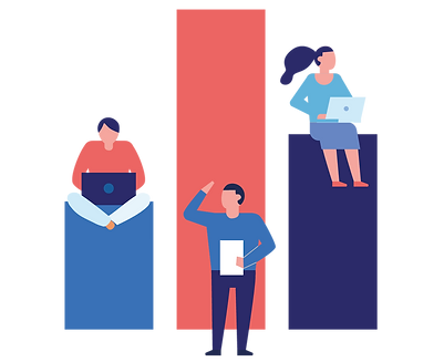 Three colored bar charts and airline passengers sitting on each bar - Conveying fewer human errors with Voyager Aid