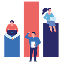 Three colored bar charts and airline passengers sitting on each bar - An illustration for the knowledge base available in the portal