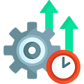 Gear and clock icon with an up arrow for increased productivity and faster resolutions