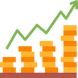 Coins bar image with upsurge curve representing maximized revenue