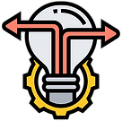 Bulb with left and right arrow illustrating the optimal decisions taken cross-checked with available data