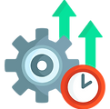 Gear and time icon with an up arrow indicating the quicker customer issue resolution during an airline disruption