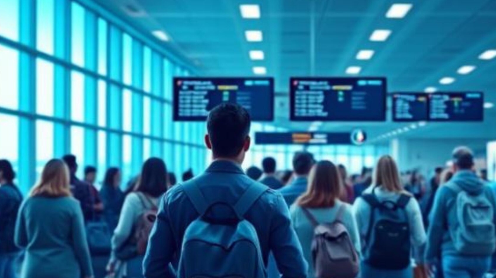 Airline disruption causing long passenger queues at airport terminal