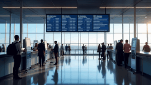 Passengers checking flight details and self-service kiosks at a modern airport terminal with digital boards