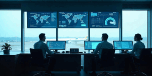 Airline operations team monitoring flights with AI dashboards to predict and prevent disruptions at the airport control room.