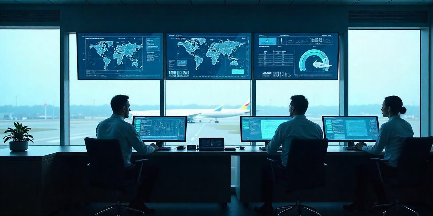 Airline operations team monitoring flights with AI dashboards to predict and prevent disruptions at the airport control room.