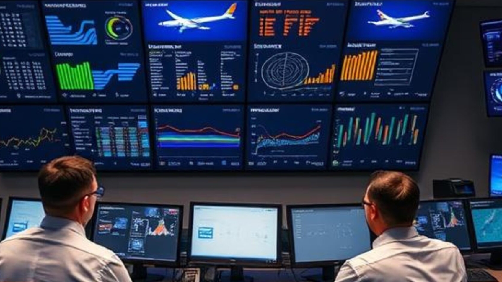 Airline operations team using automated disruption tools and dashboards to manage flight delays.