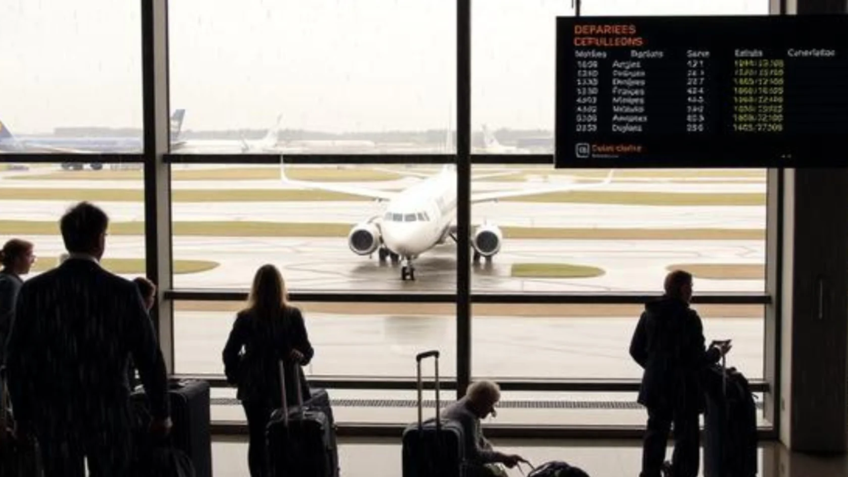 Passengers wait in airport terminal during flight delays and cancellations.