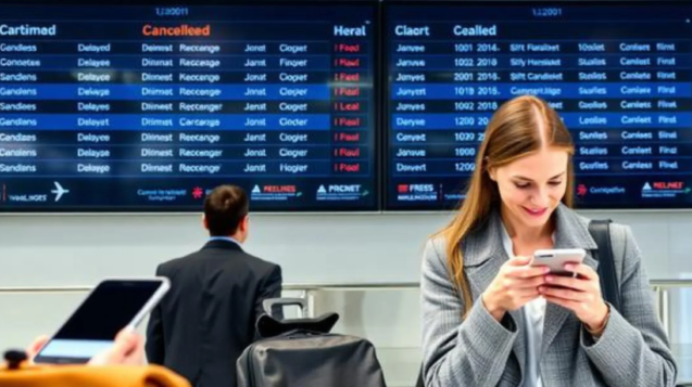 Passenger using a smartphone for self-service rebooking at an airport during flight delays and cancellations.