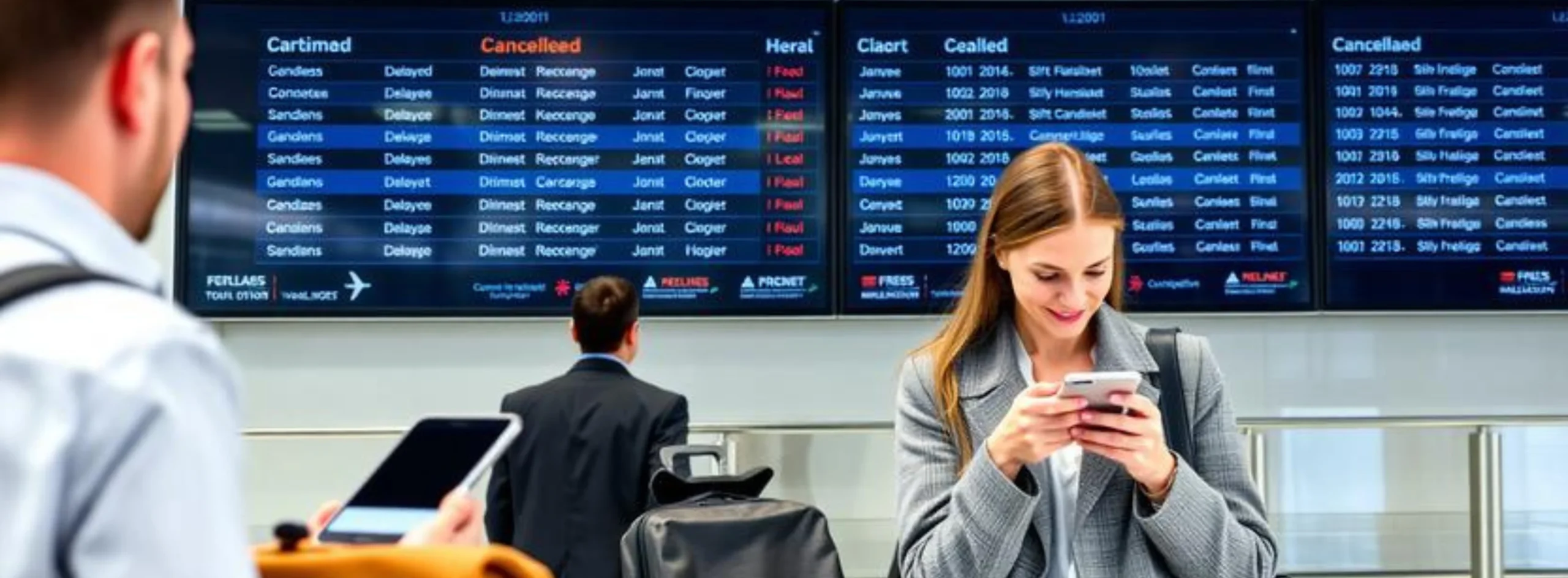 Passenger using a smartphone for self-service rebooking at an airport during flight delays and cancellations.