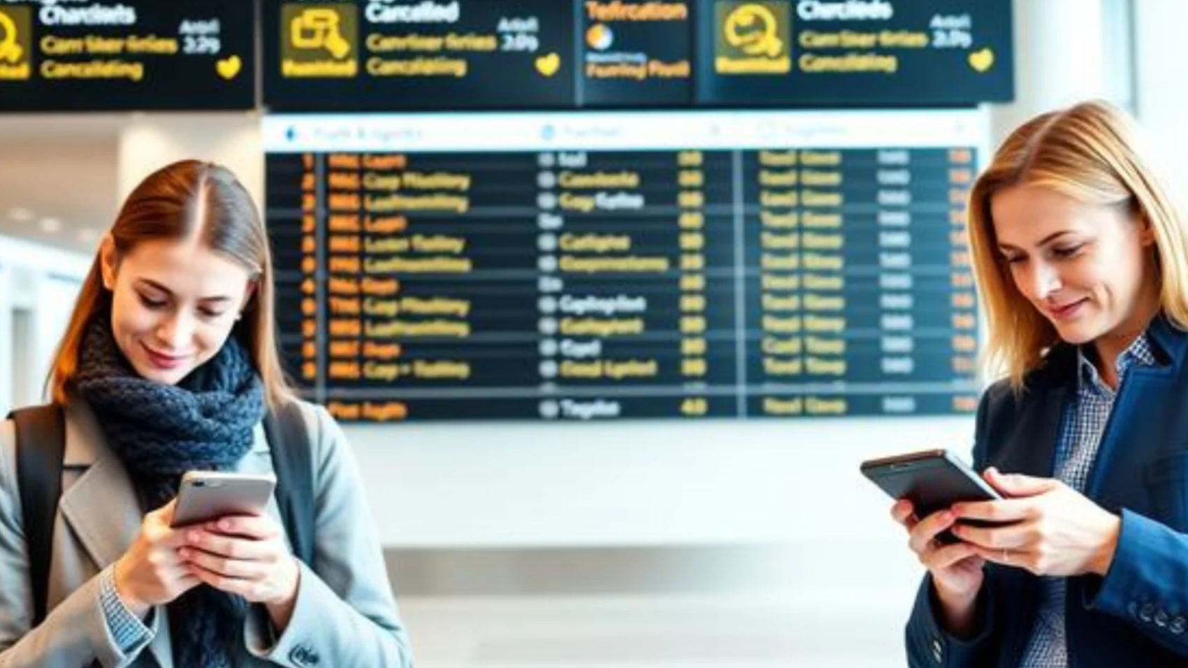 Airline passengers using smartphones for self-service flight rebooking while flight disruption updates are displayed in the background.