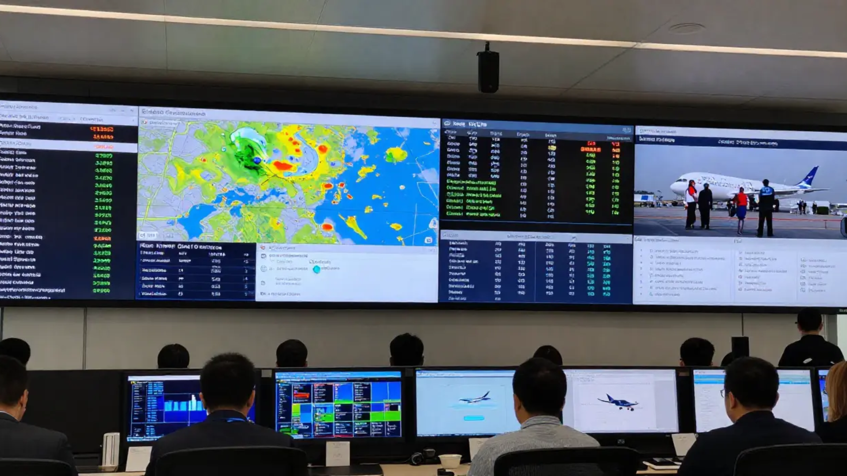 Airline operations control center monitoring flight disruptions, weather alerts, aircraft status, and recovery dashboards in real time.