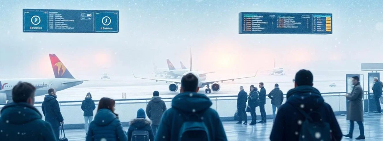 Snowstorm causing airline schedule disruptions and delayed flight departures