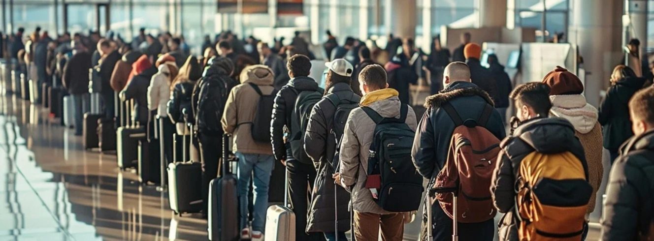 Airport passengers standing in line due to flight irregularities
