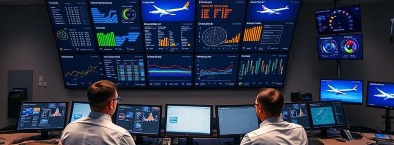 Airline operations team using automated disruption tools and dashboards to manage flight delays.