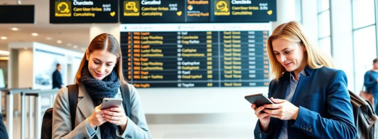 Airline passengers using smartphones for self-service flight rebooking while flight disruption updates are displayed in the background.